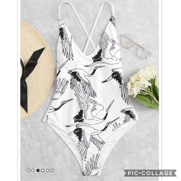 Other - Crane Print Lace Up Back Swimsuit